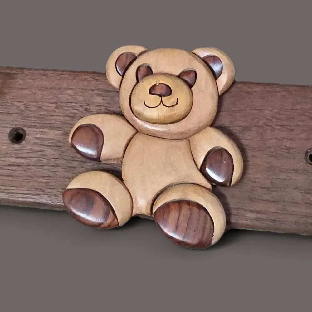 Vintage 90s Intarsia Wood Teddy Bear Wall Hook Rack – Earthwood Artisans, 11x2.5